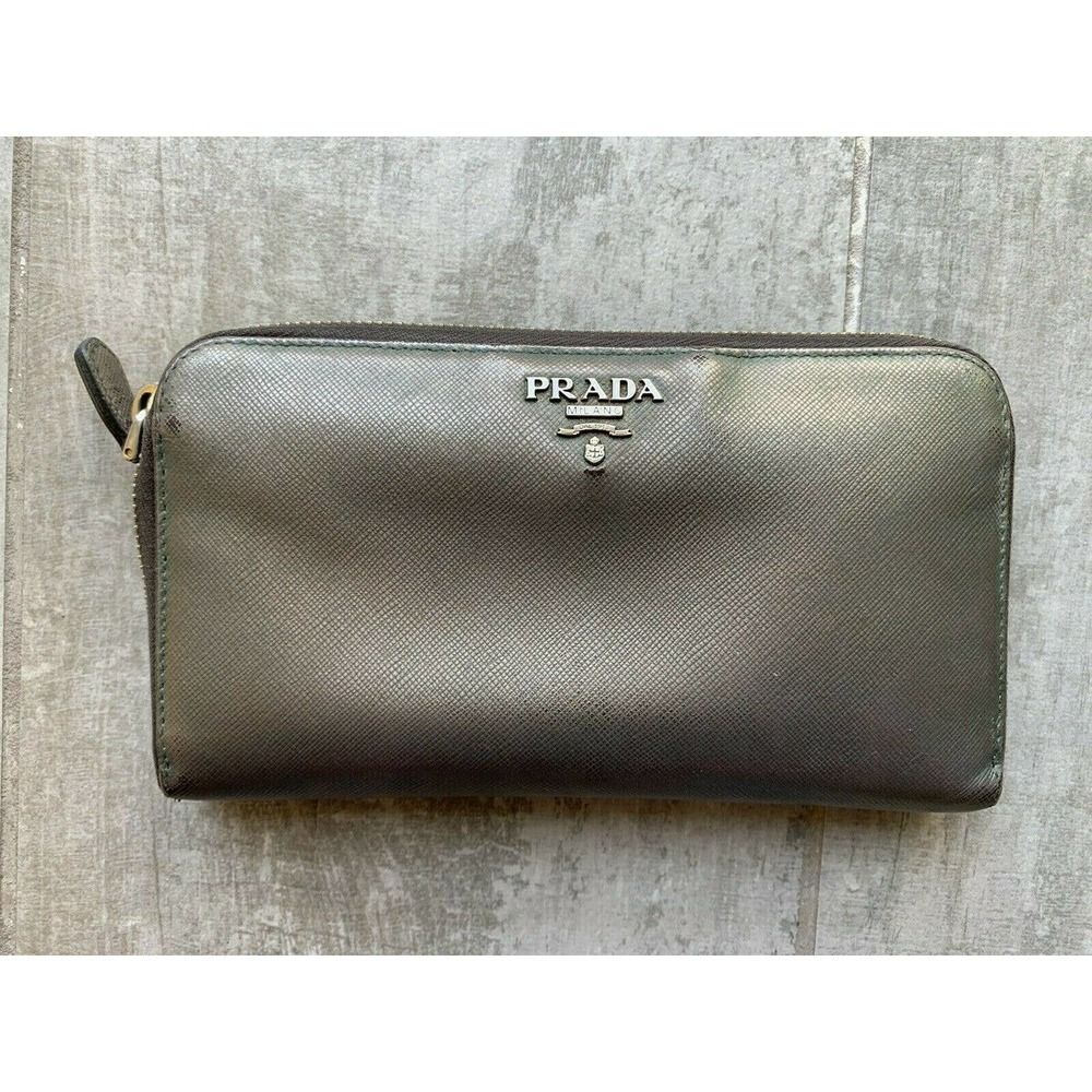 PRADA Milano Saffiano Metal Leather Zip Around Wallet Purse Brunito Pewter0 - Picture 3 of 12